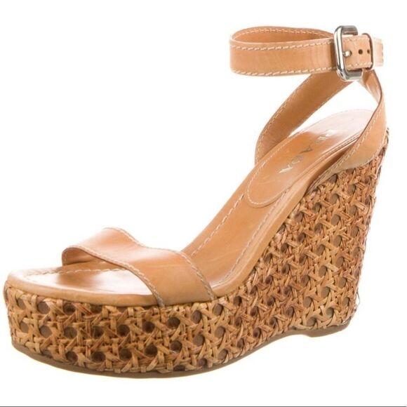 Prada Tan Leather Rattan Sandals sz 7 - Picture 1 of 5